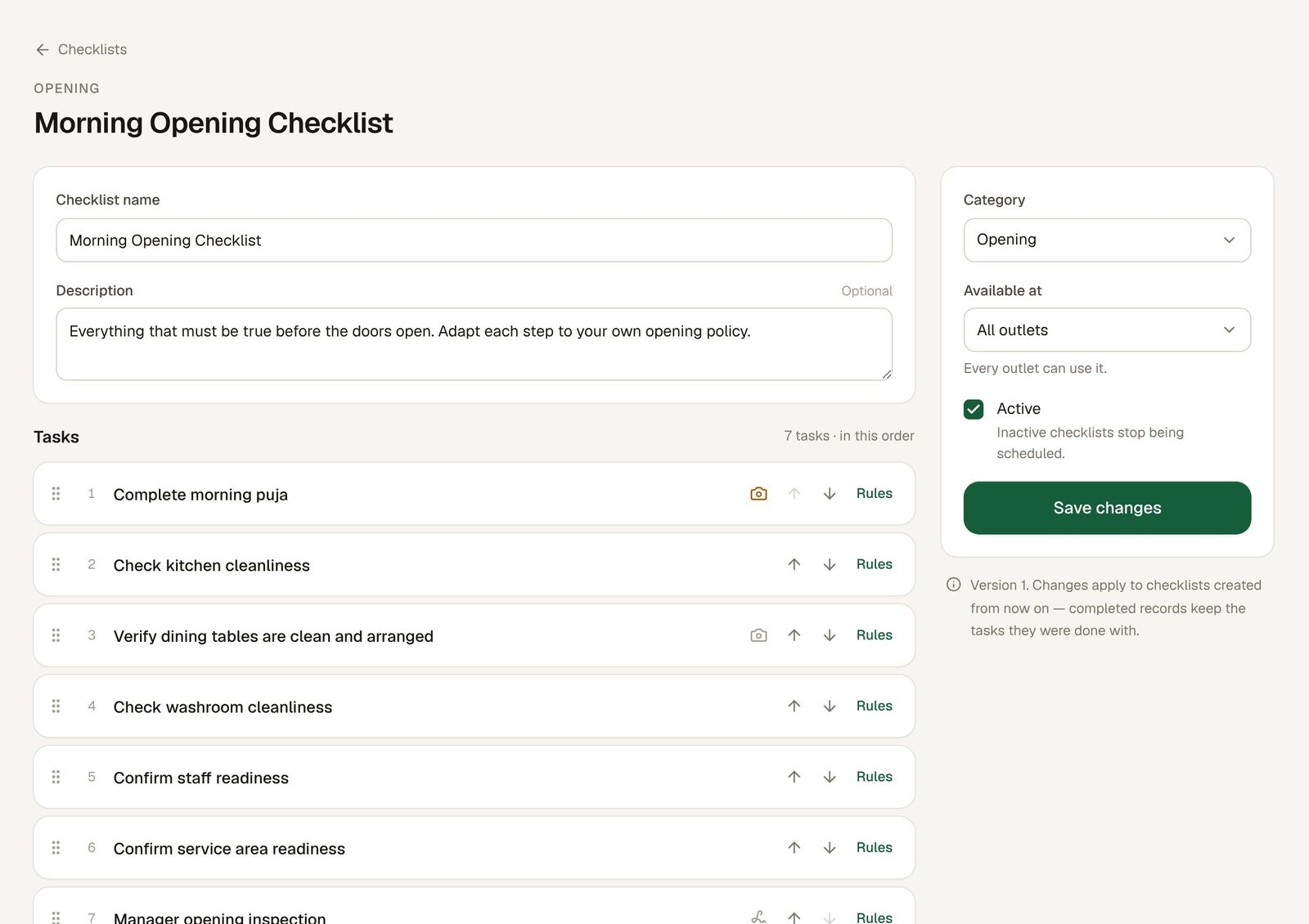 Checklist editor showing the Morning Opening Checklist's seven tasks in order