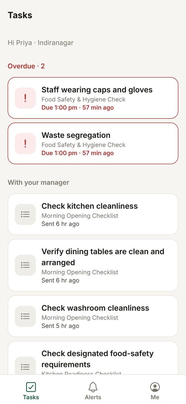 Staff task list on the phone with two overdue tasks and tasks waiting for the manager