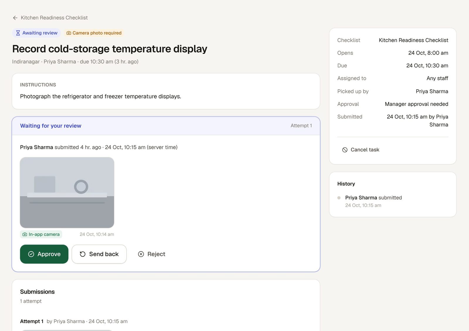 A manager reviewing a cold-storage temperature photo taken with the in-app camera, with Approve, Send back and Reject buttons